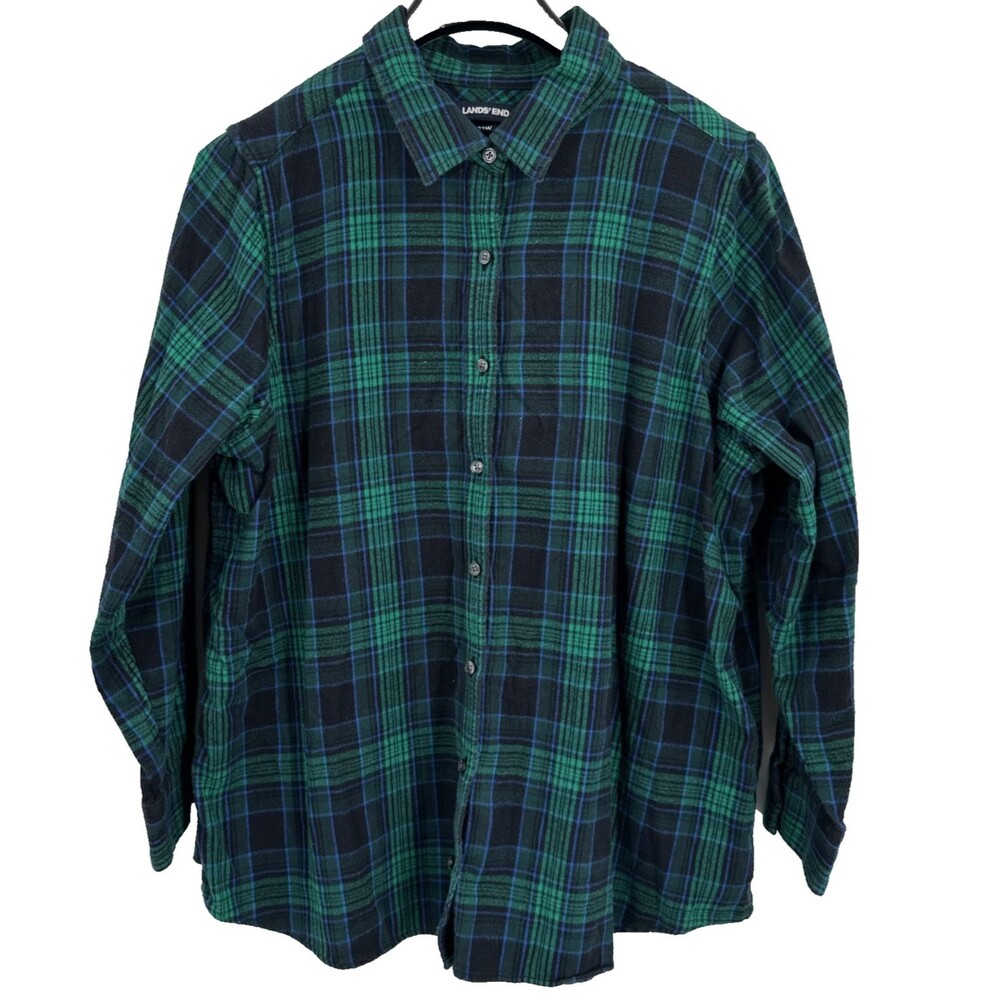 Lands End Women's Flannel Shirt Plus Size 22W Blue Green Buffalo Plaid Relaxed